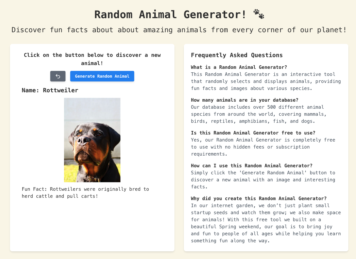 Screenshot of the Random Animal Generator